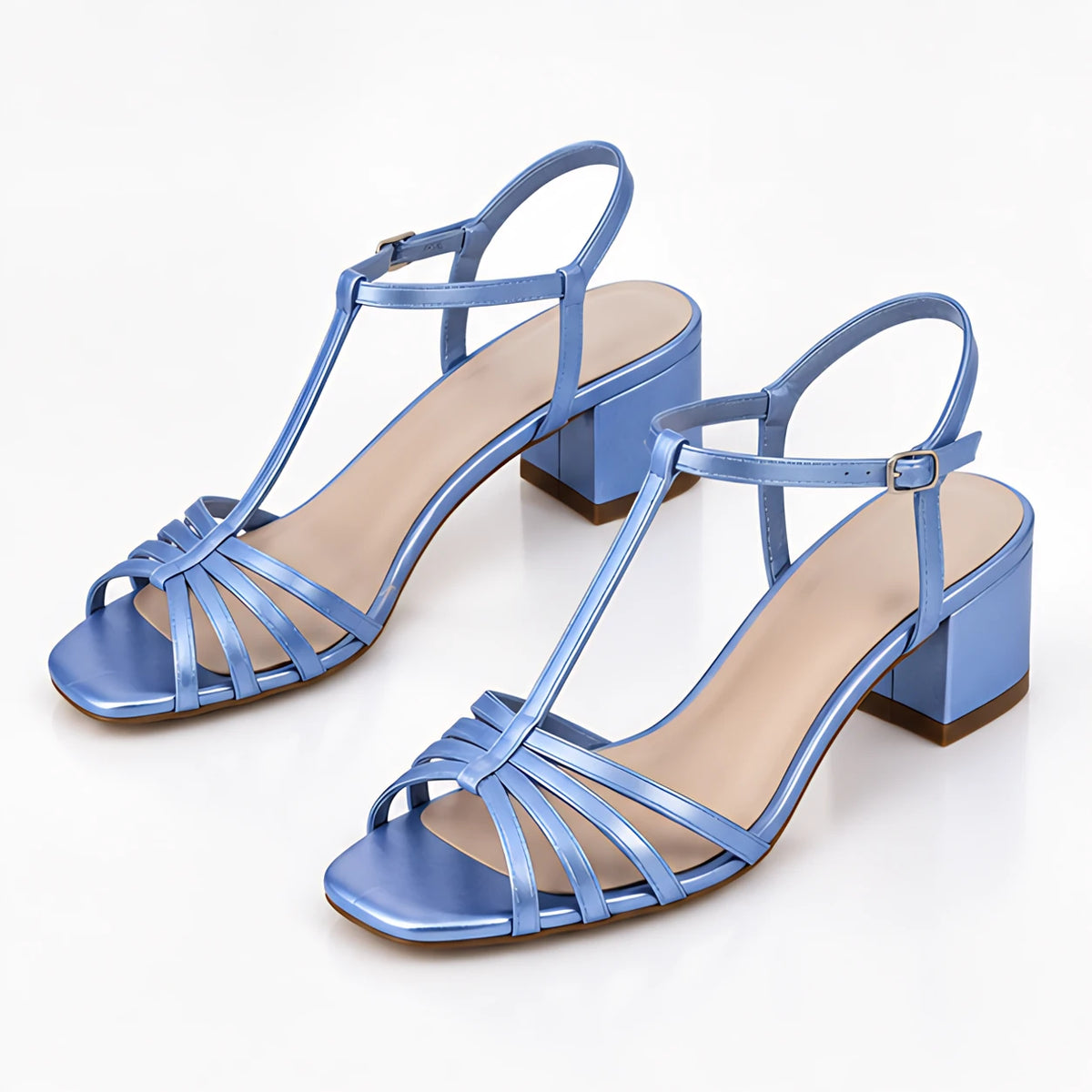 Hespera Women's Metallic Square-Toe T-Strap Sandals - Light Blue - Catalog Group: Footwear - Michael Verde - Image 2