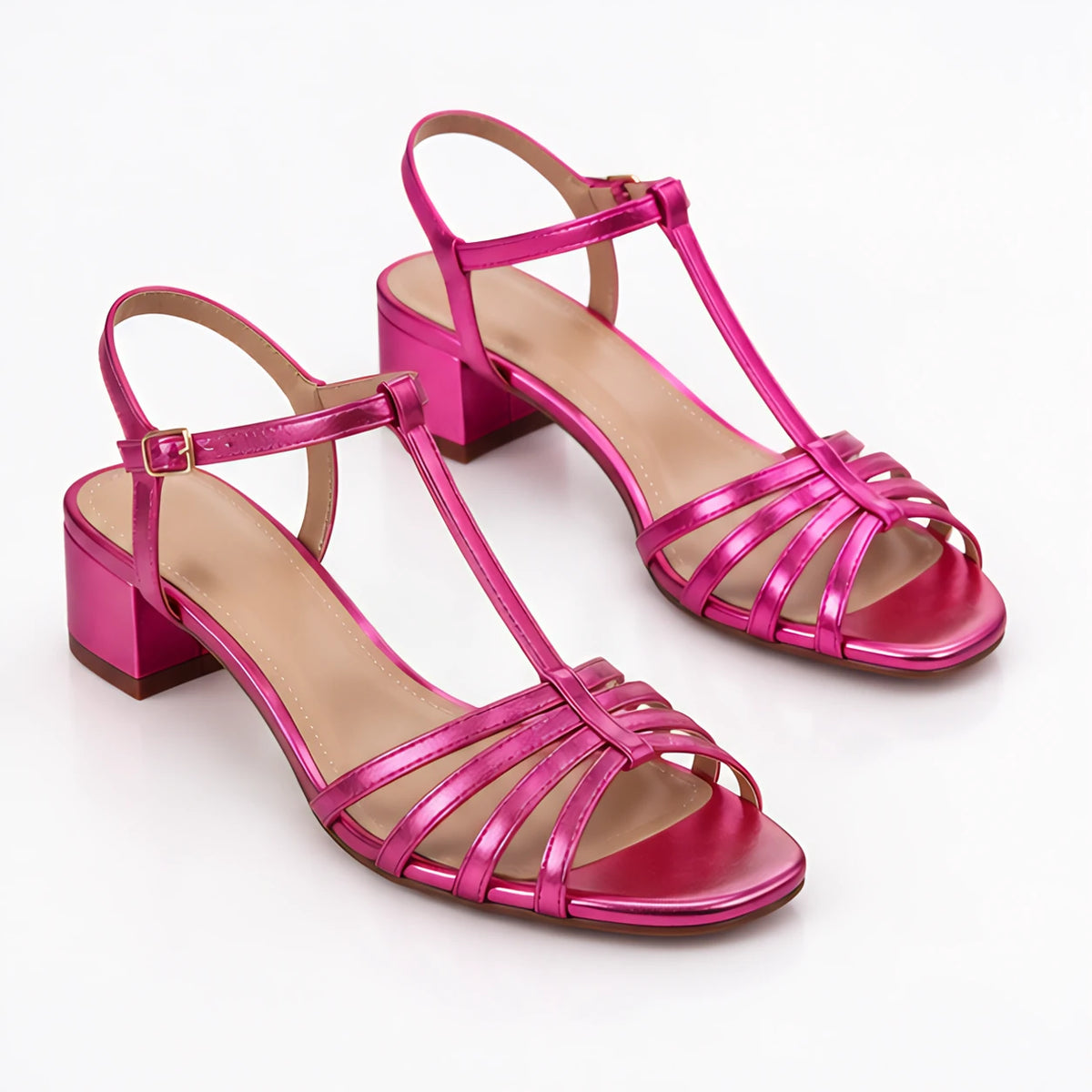 Hespera Women's Metallic Square-Toe T-Strap Sandals - Pink - Catalog Group: Footwear - Michael Verde - Image 2