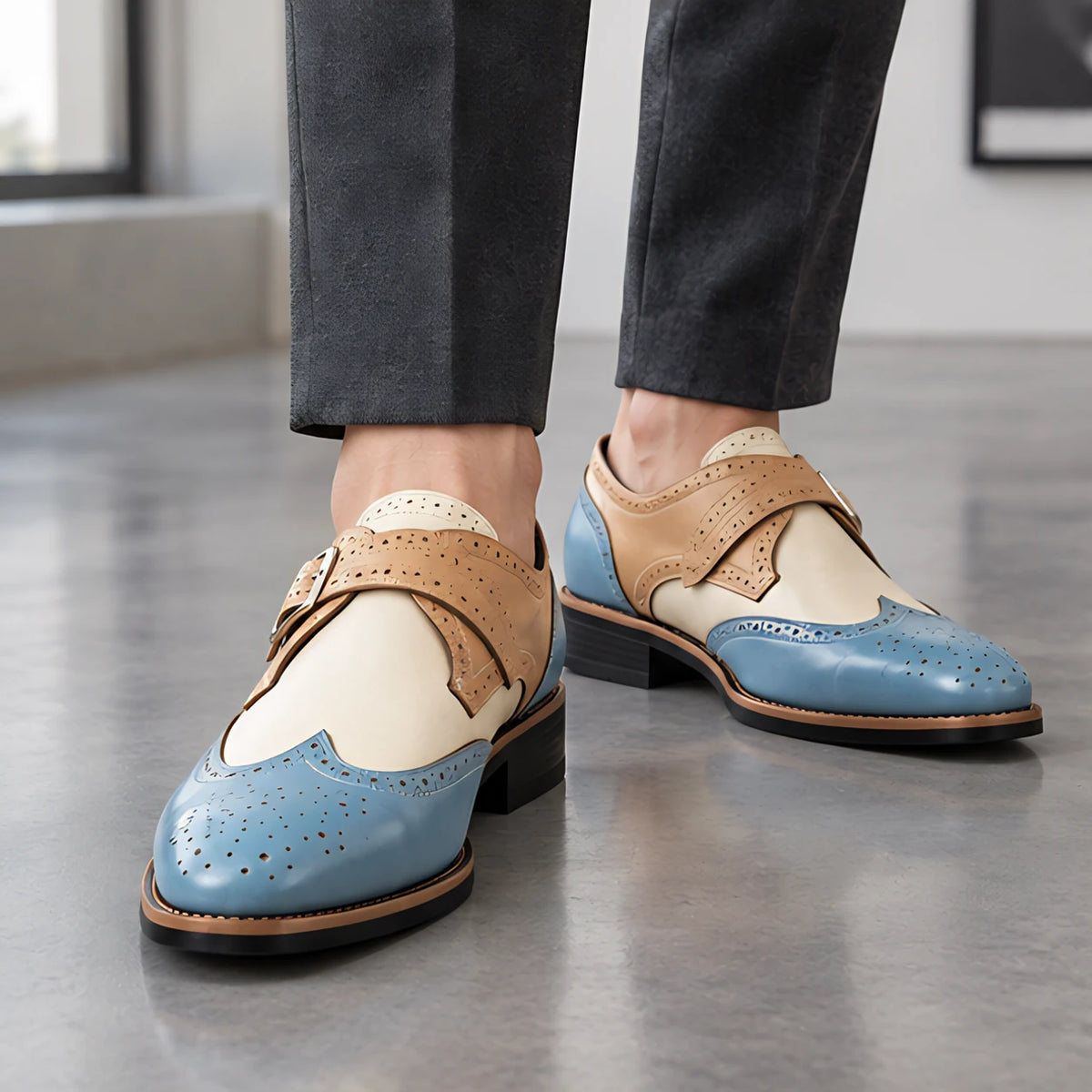 Killian Men's Two-Tone Monk-Strap Brogues - Blue - Men's Footwear > Dress Shoes > Monk Strap Shoes - Michael Verde - Image 1