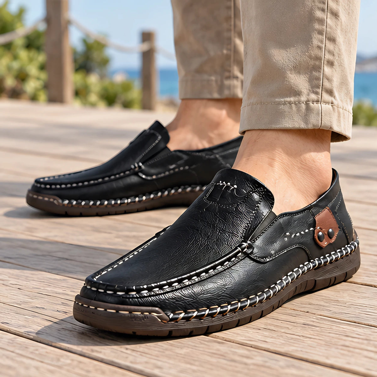 Langdon Men's Moc-Toe Leather Loafers - Black - Men's Footwear > Loafers > Leather Loafers - Michael Verde - Image 1