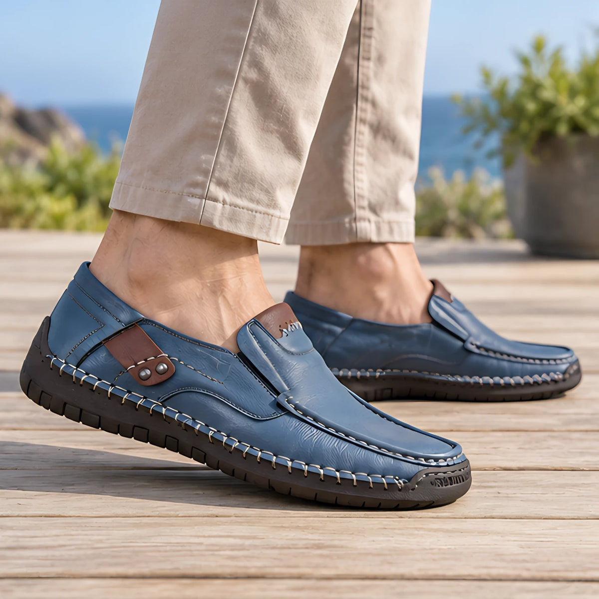 Langdon Men's Moc-Toe Leather Loafers - Blue - Shoes - Michael Verde - Image 2