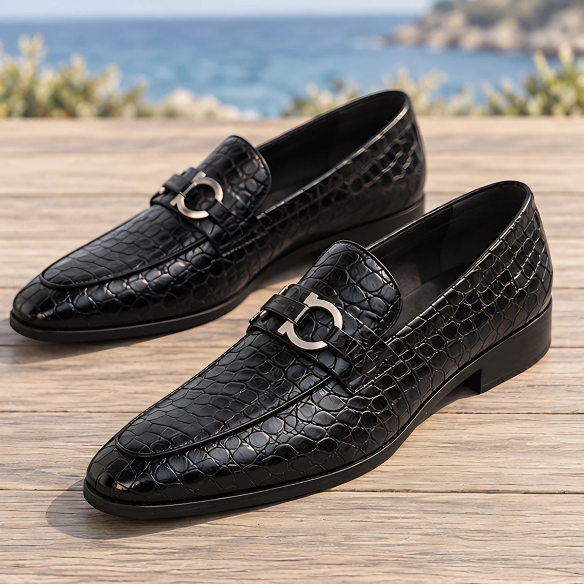 Laszlo Men's Croc-Embossed Buckle Loafers - Black - male - Michael Verde - Image 3