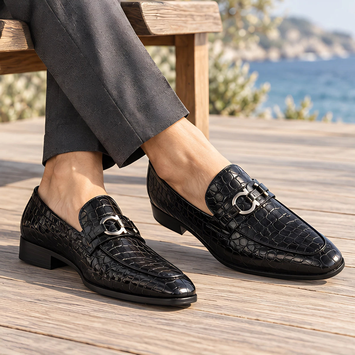 Laszlo Men's Croc-Embossed Buckle Loafers - Black - Men's shoes - Michael Verde - Image 2