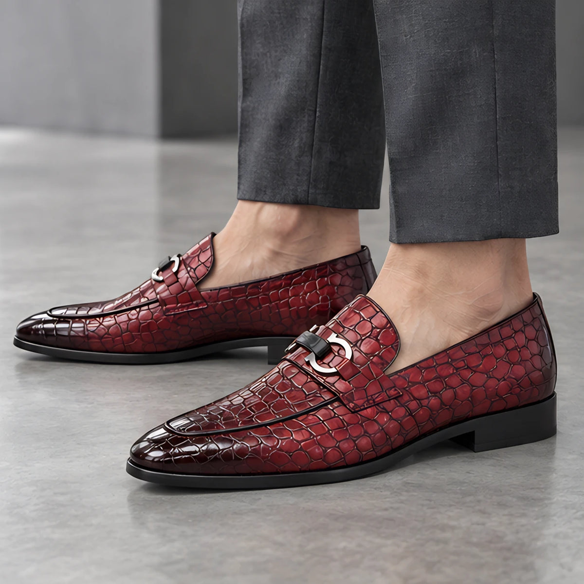 Laszlo Men's Croc-Embossed Buckle Loafers - Red - Men's shoes - Michael Verde - Image 2
