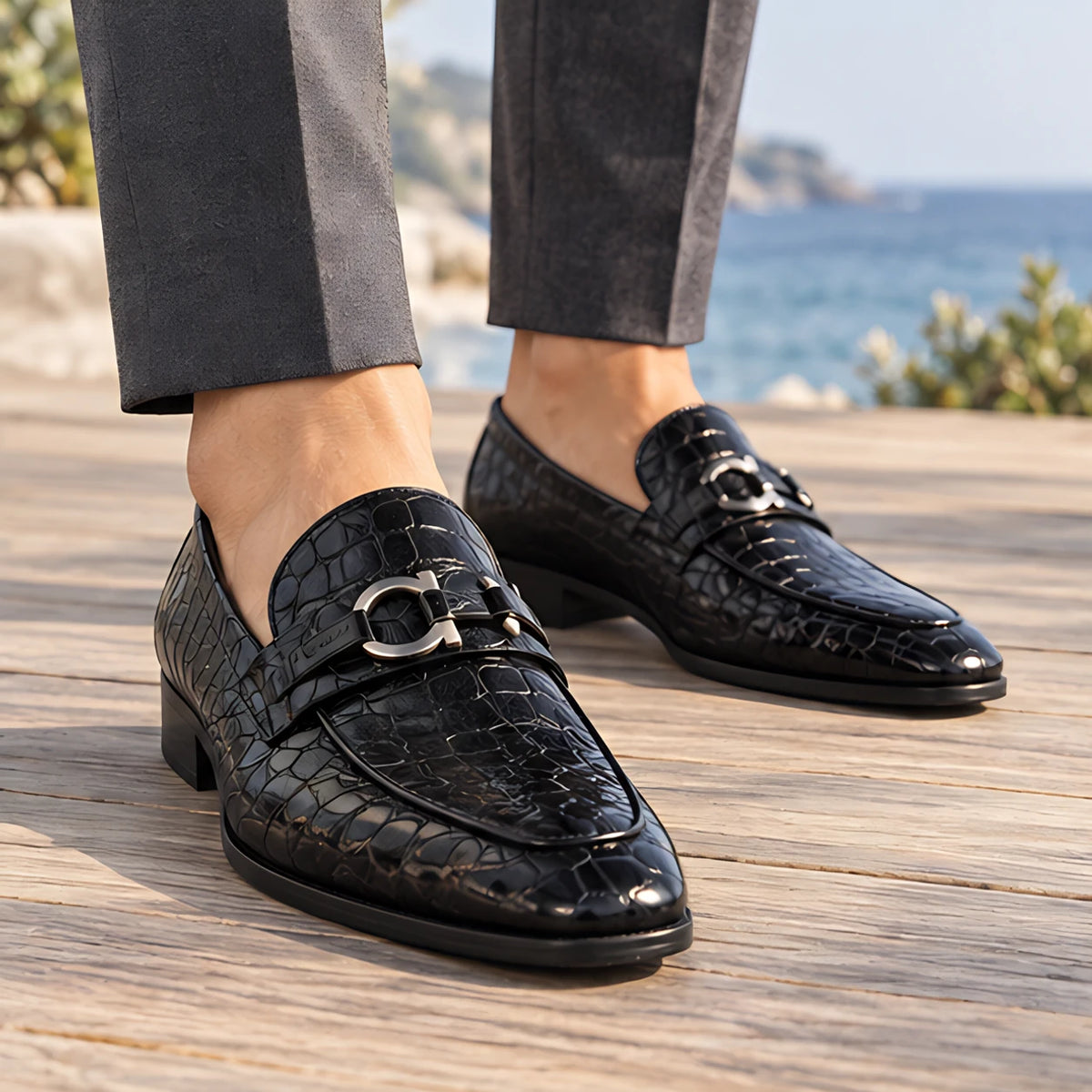 Laszlo Men's Croc-Embossed Buckle Loafers - Black - Men's Footwear > Loafers - Michael Verde - Image 1