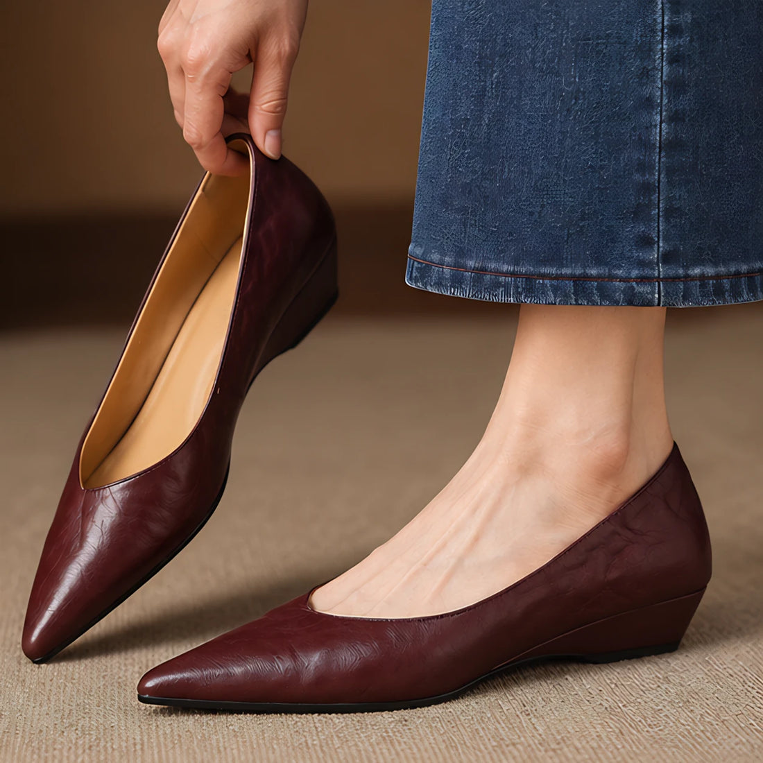 Linette Women's Pointed-Toe Leather Low-Wedge Pumps - Maroon - Women's Shoes - Michael Verde - Image 2