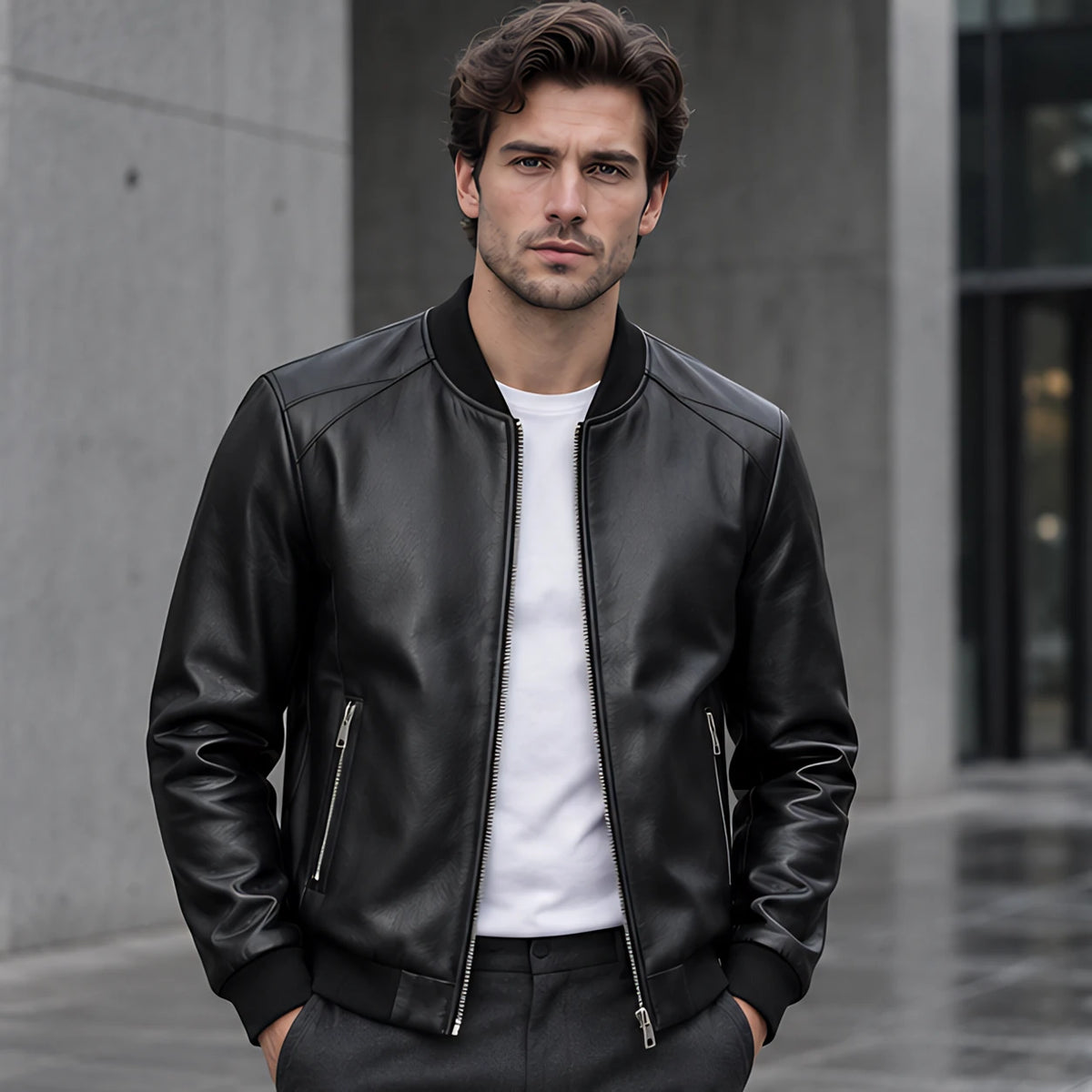 Marius Men's Rib-Trim Leather Bomber Jacket - Black - Men's Clothing > Outerwear > Bomber Jackets - Michael Verde - Image 1