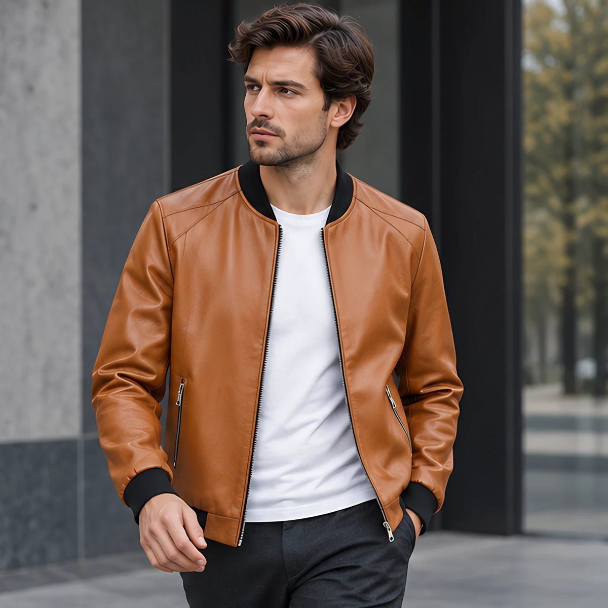 Marius Men's Rib-Trim Leather Bomber Jacket - Brown - Men's Clothing > Outerwear > Bomber Jackets - Michael Verde - Image 2