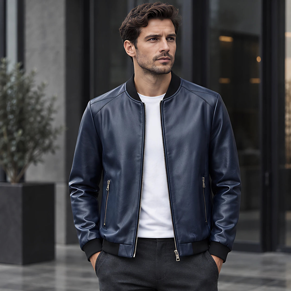 Marius Men's Rib-Trim Leather Bomber Jacket - Blue - Men's Clothing > Outerwear > Bomber Jackets - Michael Verde - Image 1
