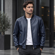 Marius Men's Rib-Trim Leather Bomber Jacket - Blue - Men's Clothing > Outerwear > Bomber Jackets - Michael Verde - Image 1