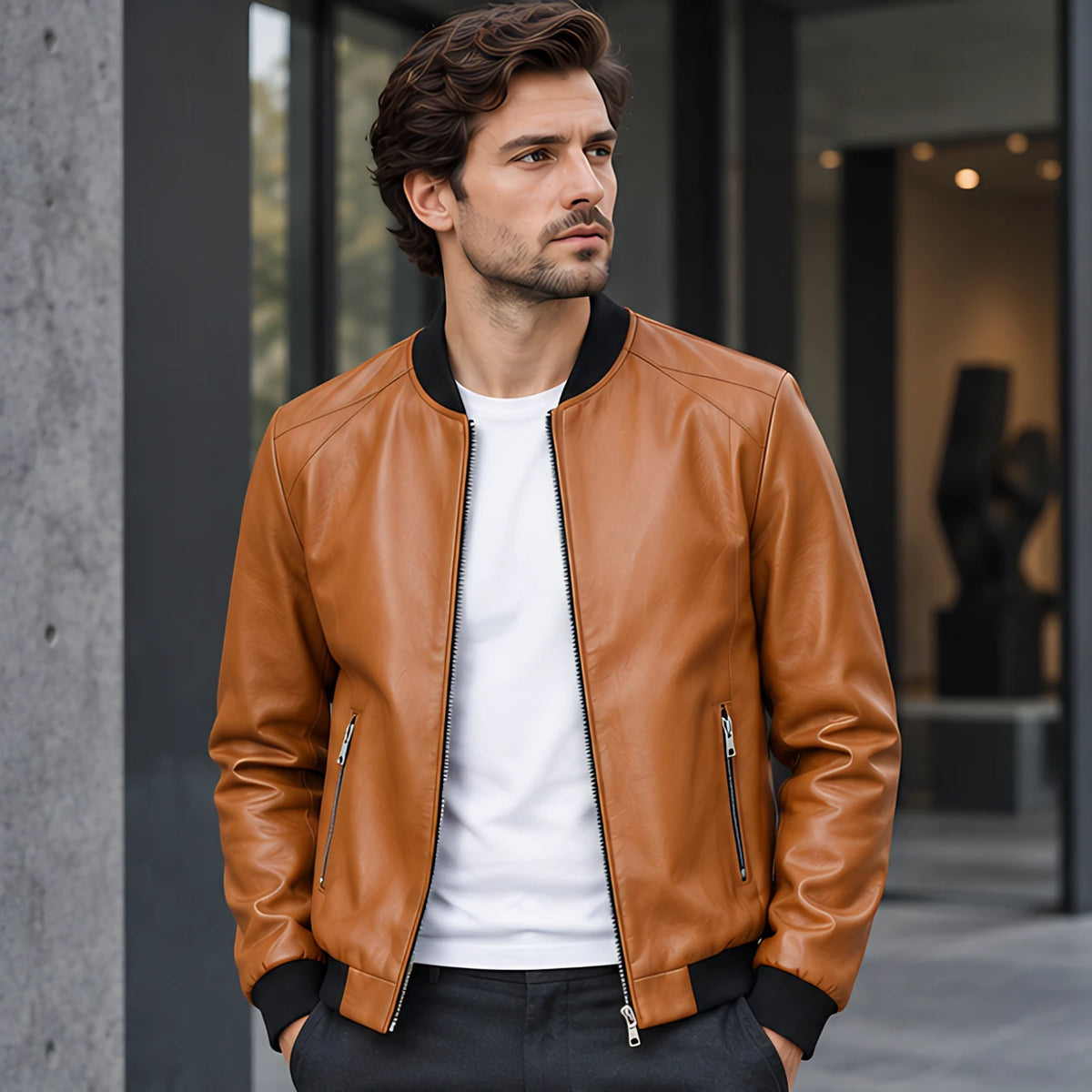 Marius Men's Rib-Trim Leather Bomber Jacket - Brown - Men's Clothing > Outerwear > Bomber Jackets - Michael Verde - Image 1