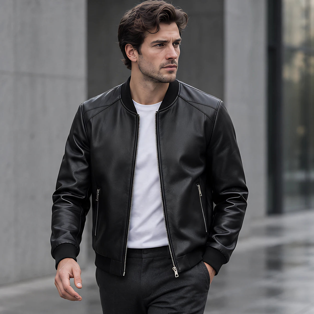 Marius Men's Rib-Trim Leather Bomber Jacket - Black - Men's Clothing > Outerwear > Bomber Jackets - Michael Verde - Image 2