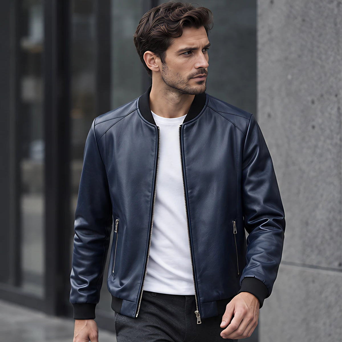 Marius Men's Rib-Trim Leather Bomber Jacket - Blue - Men's Clothing > Outerwear > Bomber Jackets - Michael Verde - Image 2