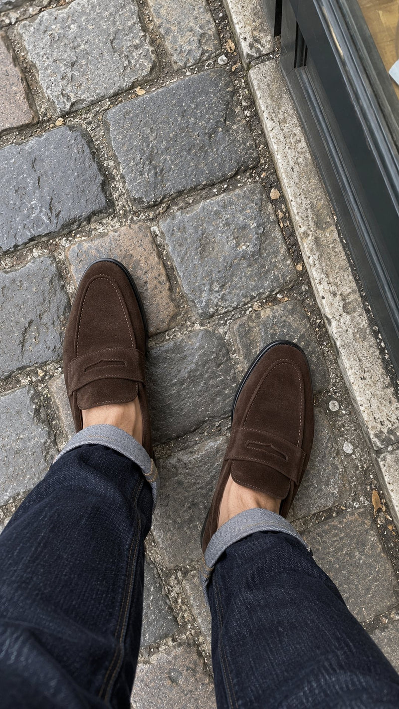 Customer photo of Lucca Suede Penny Loafers (Dark Brown)