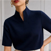 Nerelle Structured V-Cut Mock Neck Blouse - Blue - women's blouse - Michael Verde - Image 2