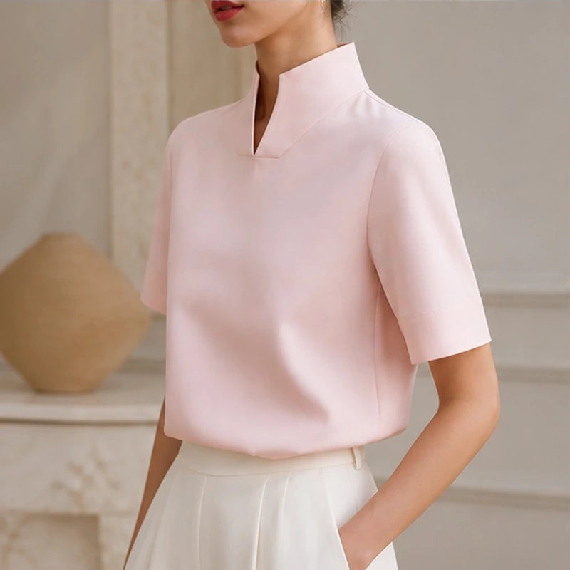 Nerelle Structured V-Cut Mock Neck Blouse - Pink - women's blouse - Michael Verde - Image 2