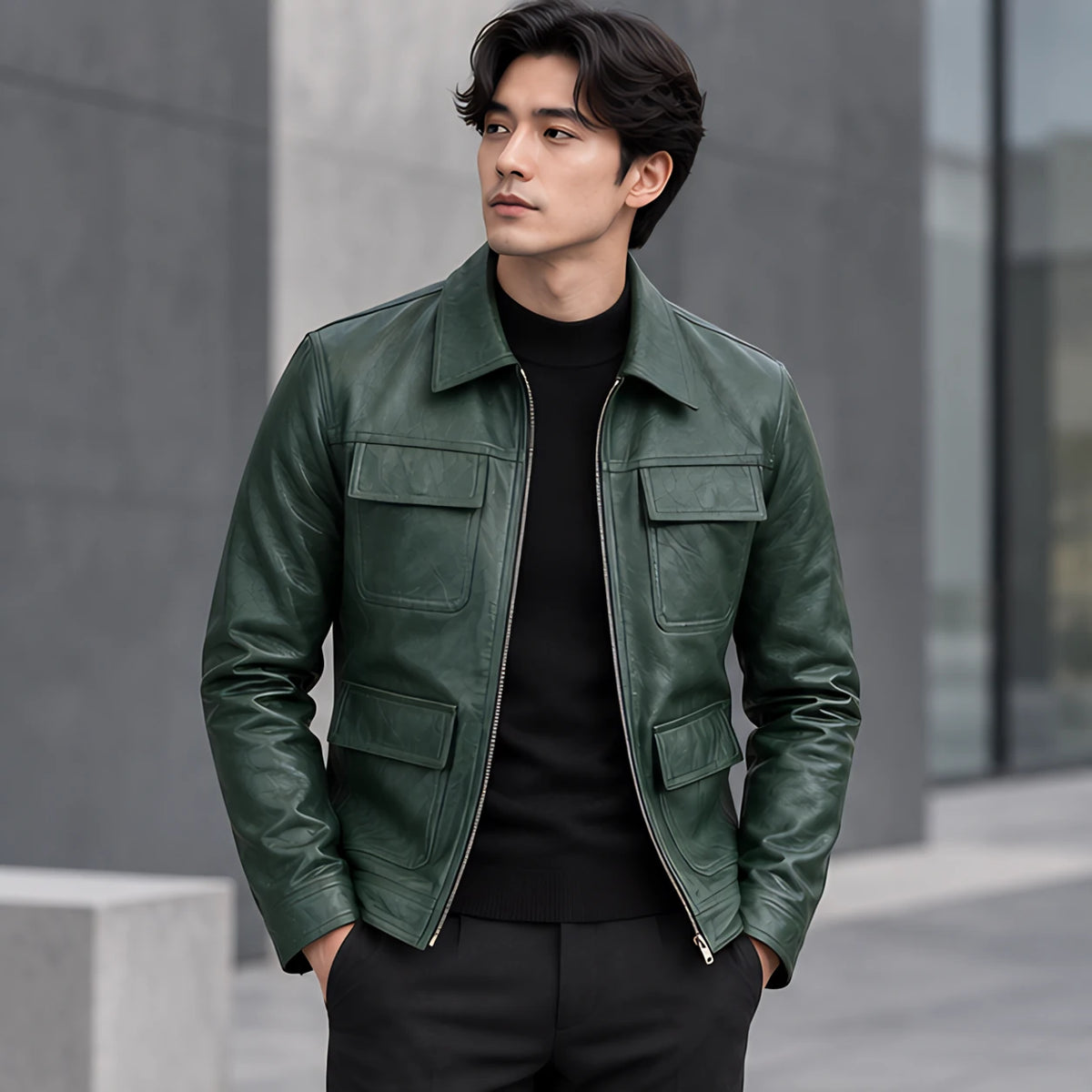 Phineas Men's Four-Pocket Leather Field Jacket - Green - Men's Clothing > Outerwear > Field Jackets - Michael Verde - Image 1