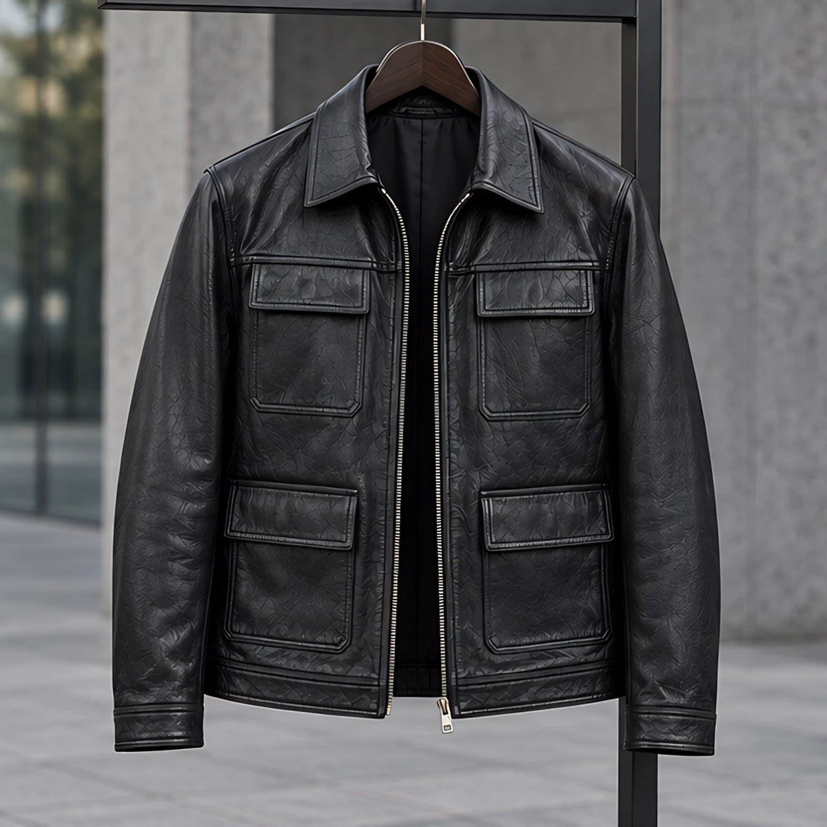 Phineas Men's Four-Pocket Leather Field Jacket - Black - male - Michael Verde - Image 3