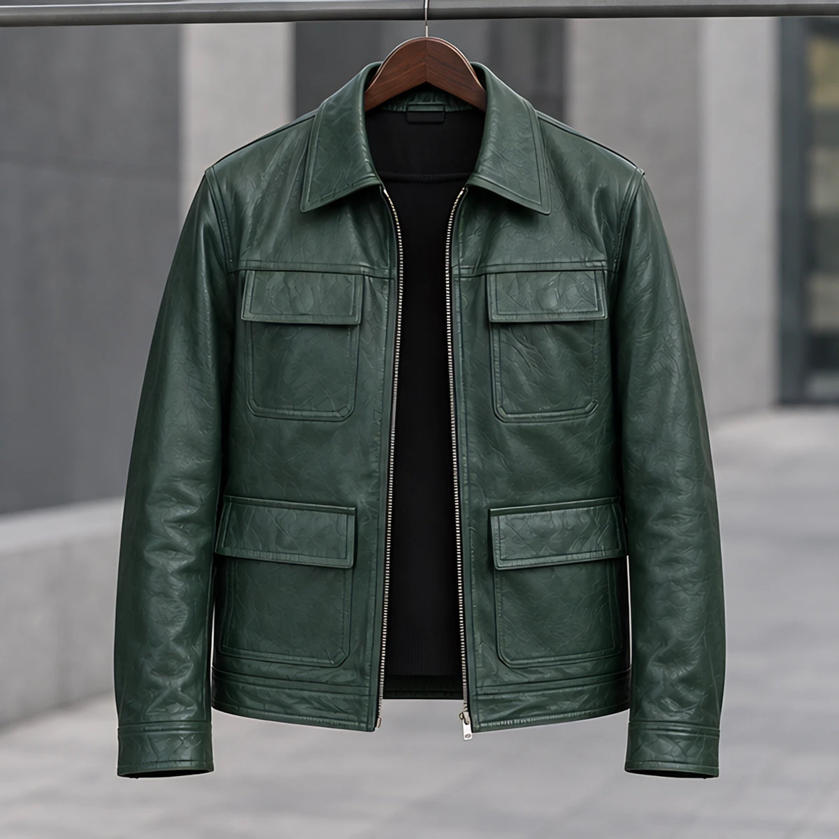 Phineas Men's Four-Pocket Leather Field Jacket - Green - male - Michael Verde - Image 3