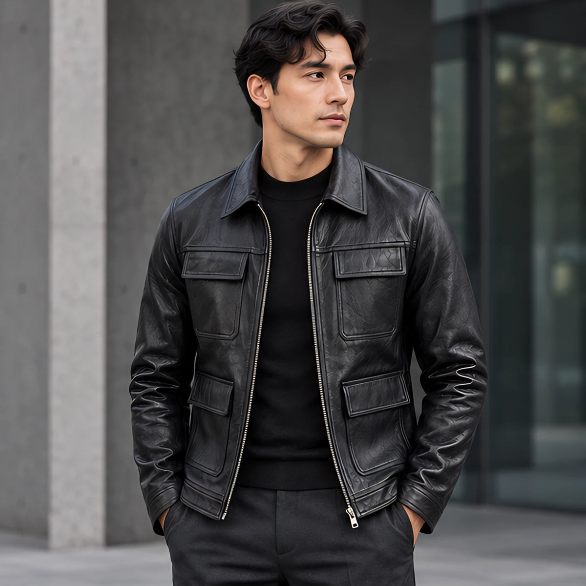 Phineas Men's Four-Pocket Leather Field Jacket - Black - Men's Clothing > Outerwear > Field Jackets - Michael Verde - Image 1