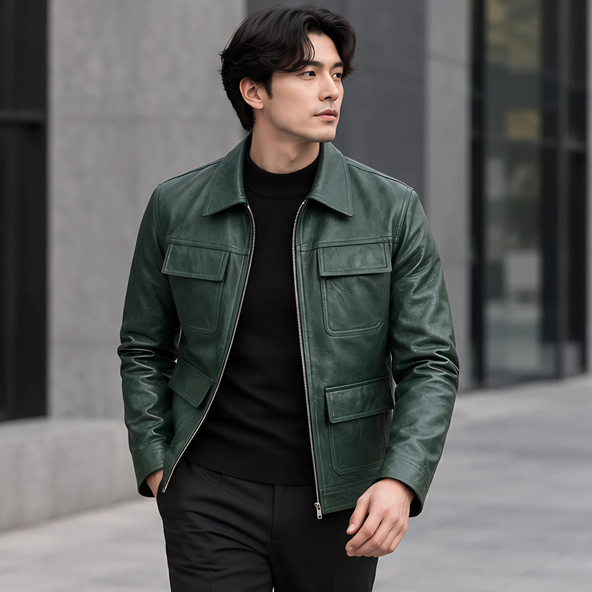 Phineas Men's Four-Pocket Leather Field Jacket - Green - Men's Clothing > Outerwear > Field Jackets - Michael Verde - Image 2