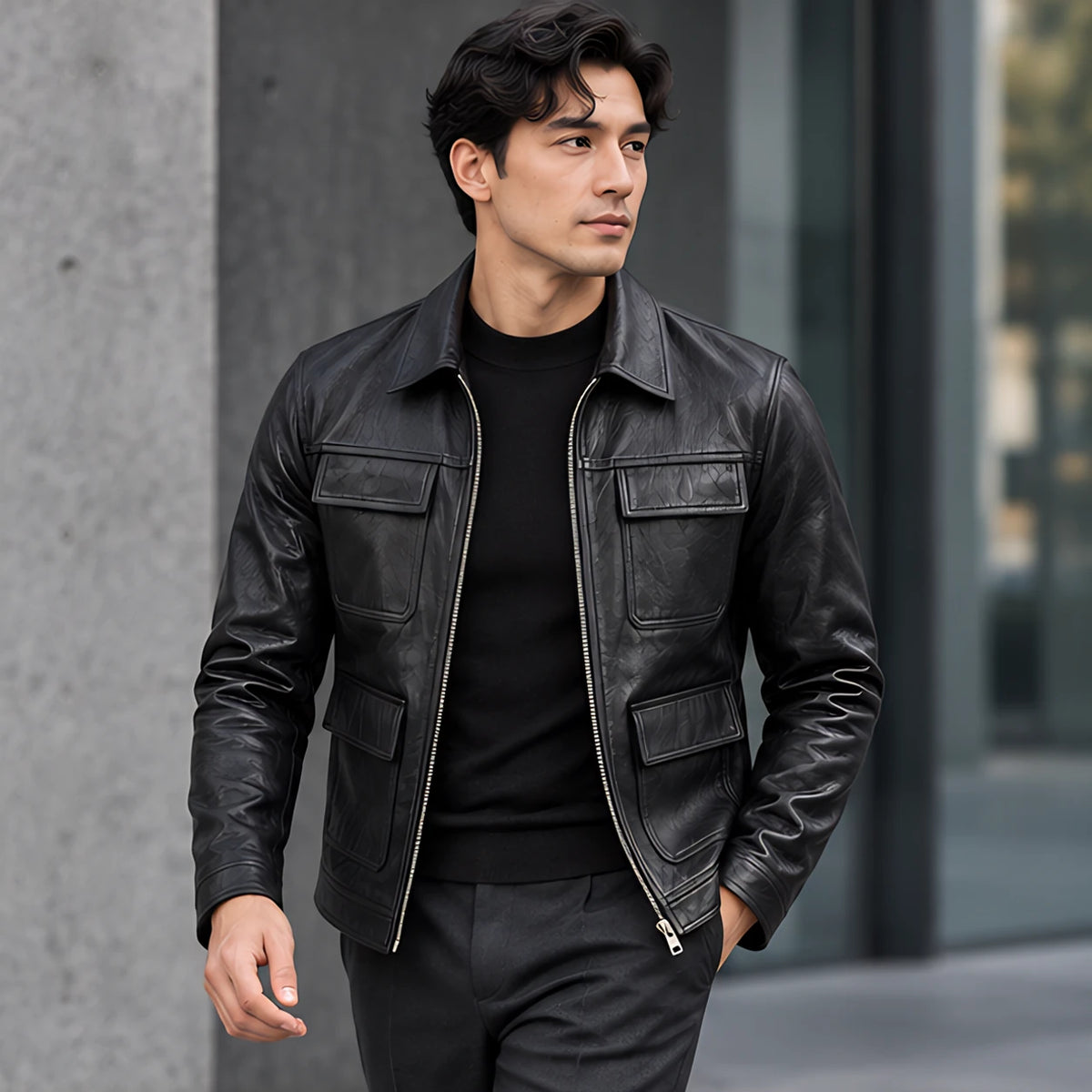 Phineas Men's Four-Pocket Leather Field Jacket - Black - Men's Clothing > Outerwear > Field Jackets - Michael Verde - Image 2