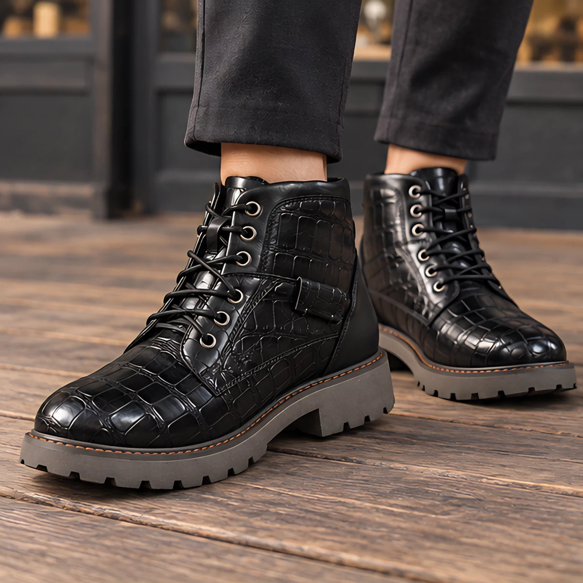 Pryor Men's Croc-Embossed Lug-Sole Boots - Black - Men's Footwear > Boots > Lug Sole Ankle Boots - Michael Verde - Image 1