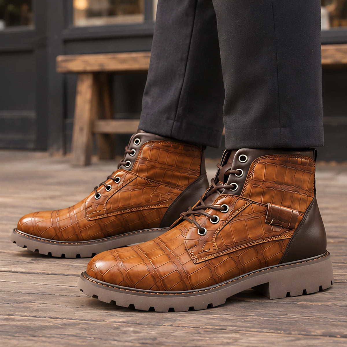 Pryor Men's Croc-Embossed Lug-Sole Boots - Light Brown - Shoes - Michael Verde - Image 2