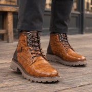 Pryor Men's Croc-Embossed Lug-Sole Boots - Light Brown - Men's Footwear > Boots > Lug Sole Ankle Boots - Michael Verde - Image 1