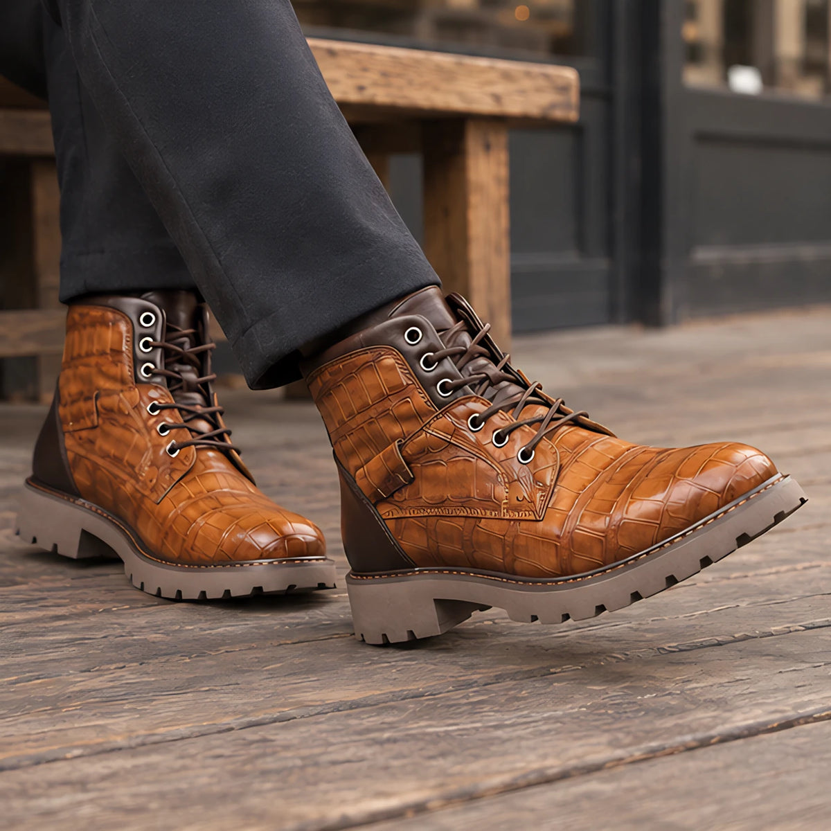 Pryor Men's Croc-Embossed Lug-Sole Boots - Light Brown - Men's Footwear > Boots > Lug Sole Ankle Boots - Michael Verde - Image 3