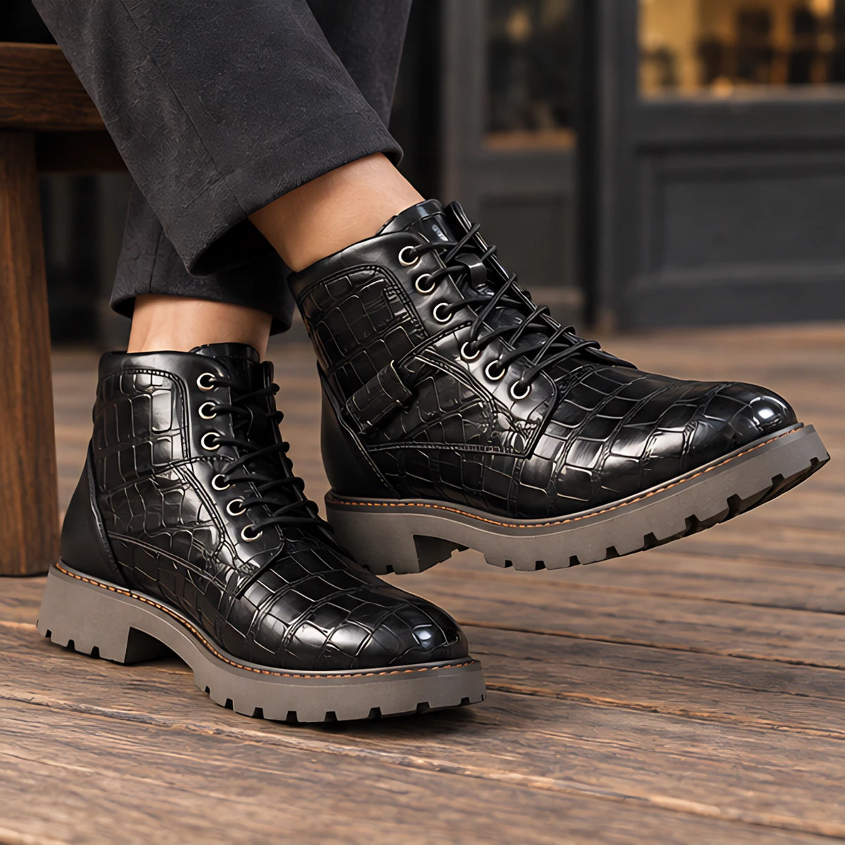Pryor Men's Croc-Embossed Lug-Sole Boots - Black - Shoes - Michael Verde - Image 2