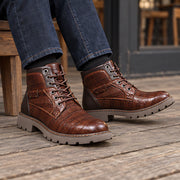 Pryor Men's Croc-Embossed Lug-Sole Boots - Dark Brown - Shoes - Michael Verde - Image 2