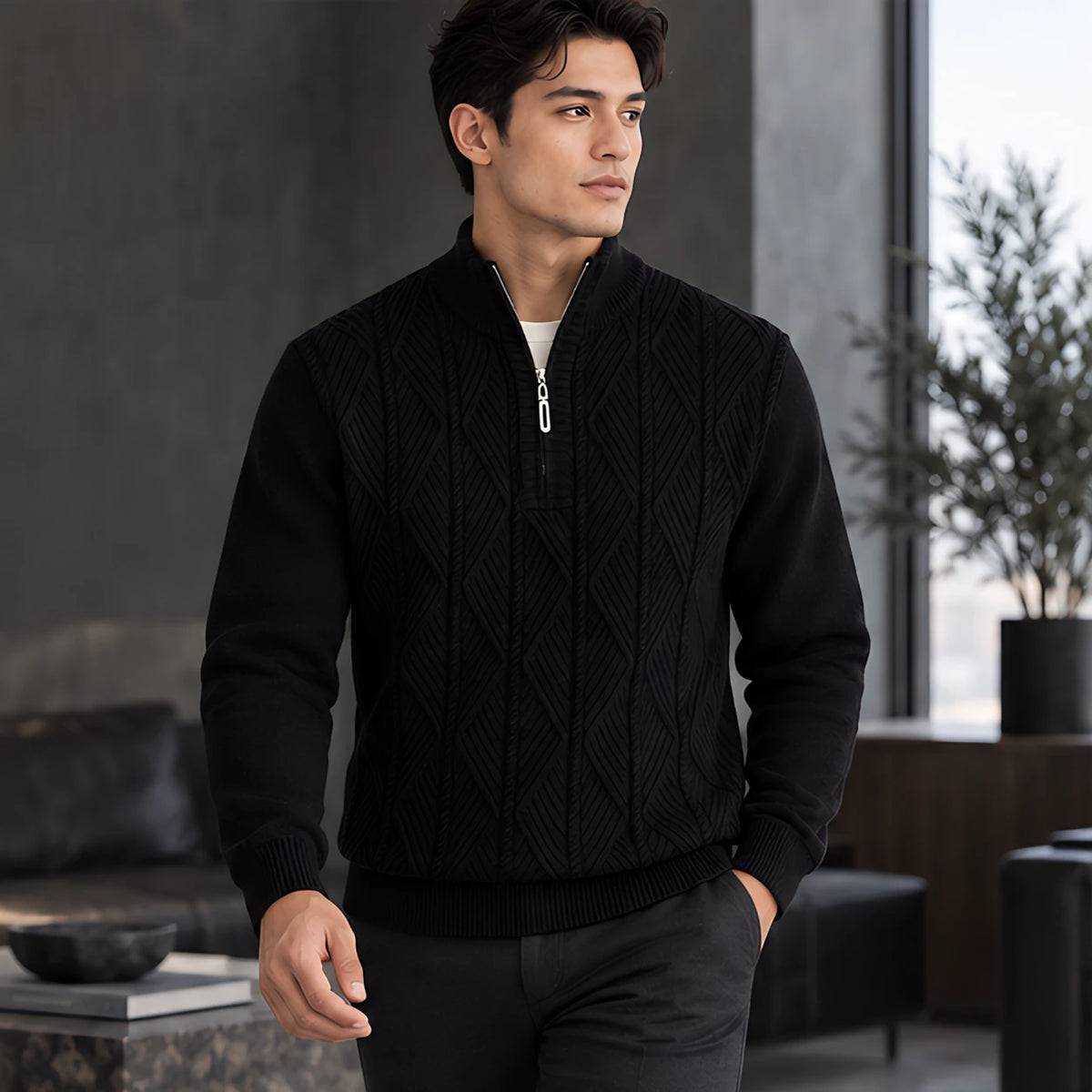 Quentin Men's Diamond Cable Quarter-Zip Sweater - Black - Men's Clothing > Sweaters & Cardigans > Quarter-Zip Sweaters - Michael Verde - Image 2
