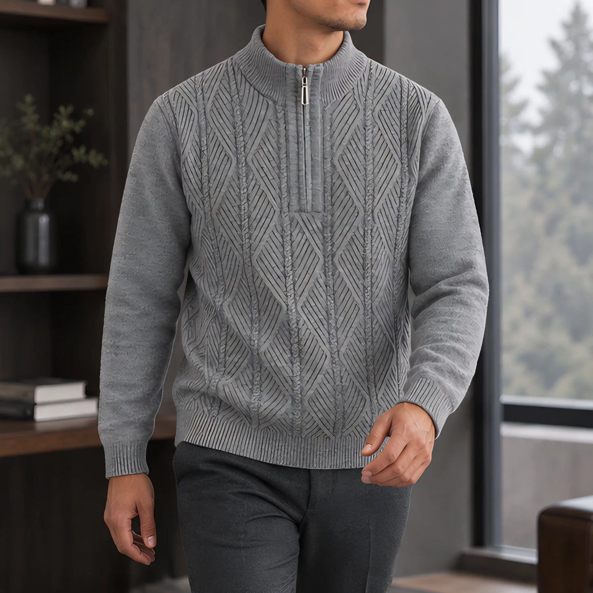 Quentin Men's Diamond Cable Quarter-Zip Sweater - Gray - Men's Clothing > Sweaters & Cardigans > Quarter-Zip Sweaters - Michael Verde - Image 2