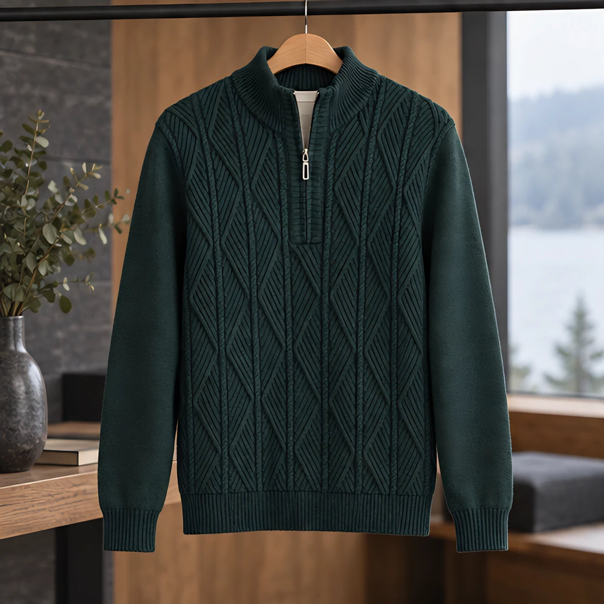 Quentin Men's Diamond Cable Quarter-Zip Sweater - Forest Green - male - Michael Verde - Image 3
