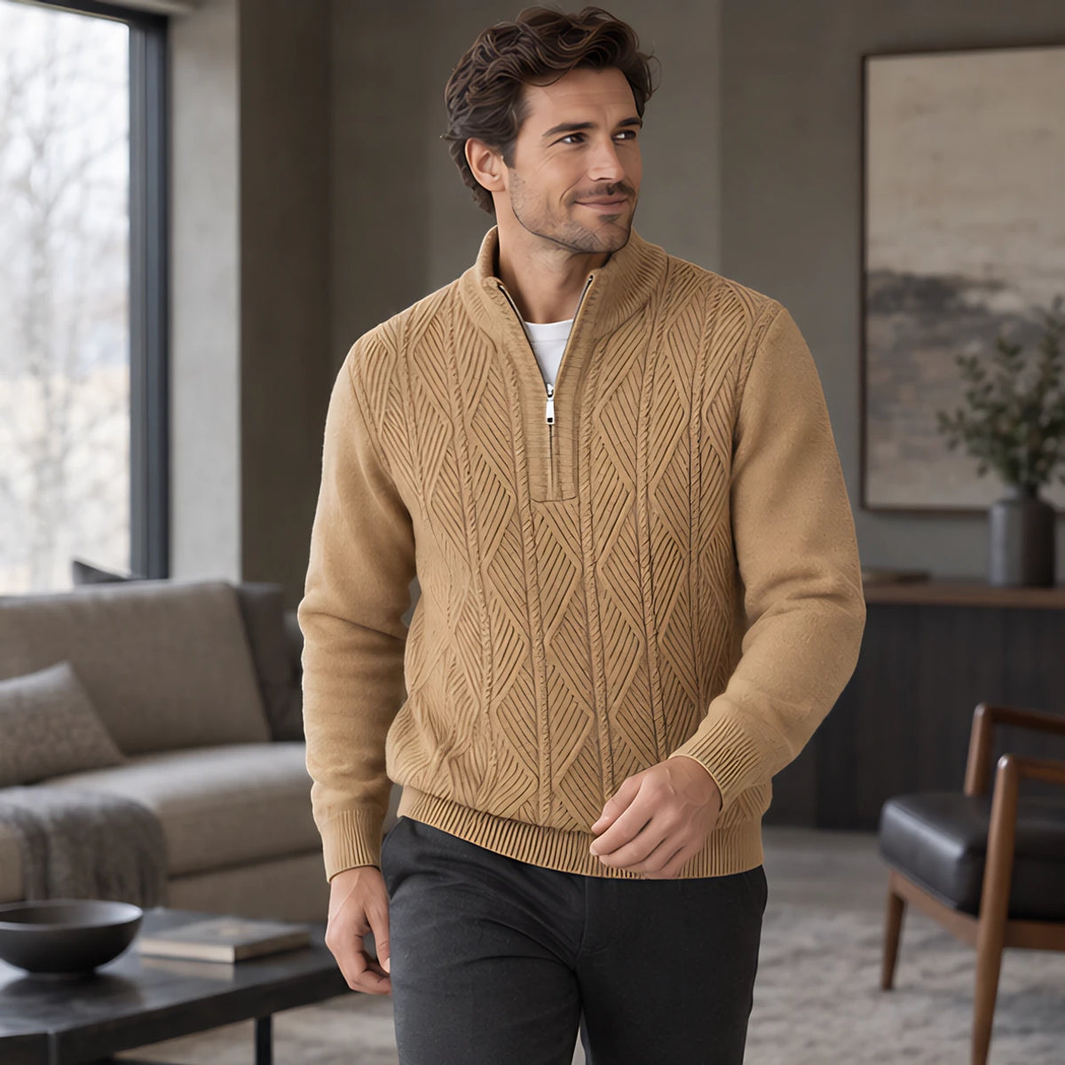 Quentin Men's Diamond Cable Quarter-Zip Sweater - Tan - Men's Clothing > Sweaters & Cardigans > Quarter-Zip Sweaters - Michael Verde - Image 2
