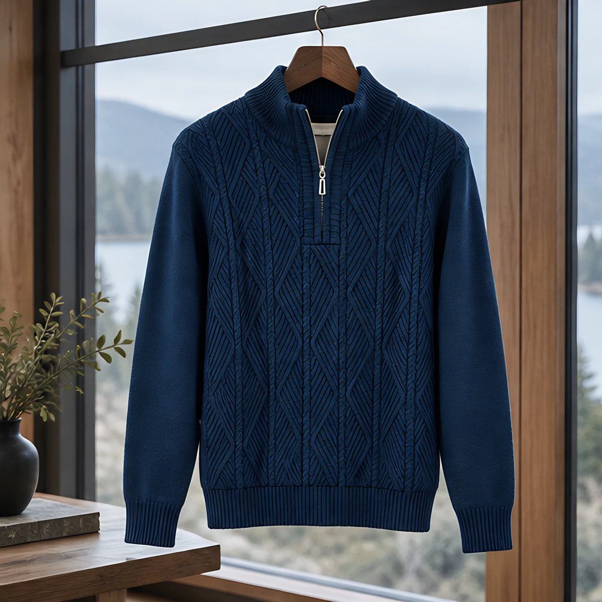Quentin Men's Diamond Cable Quarter-Zip Sweater - Navy Blue - male - Michael Verde - Image 3