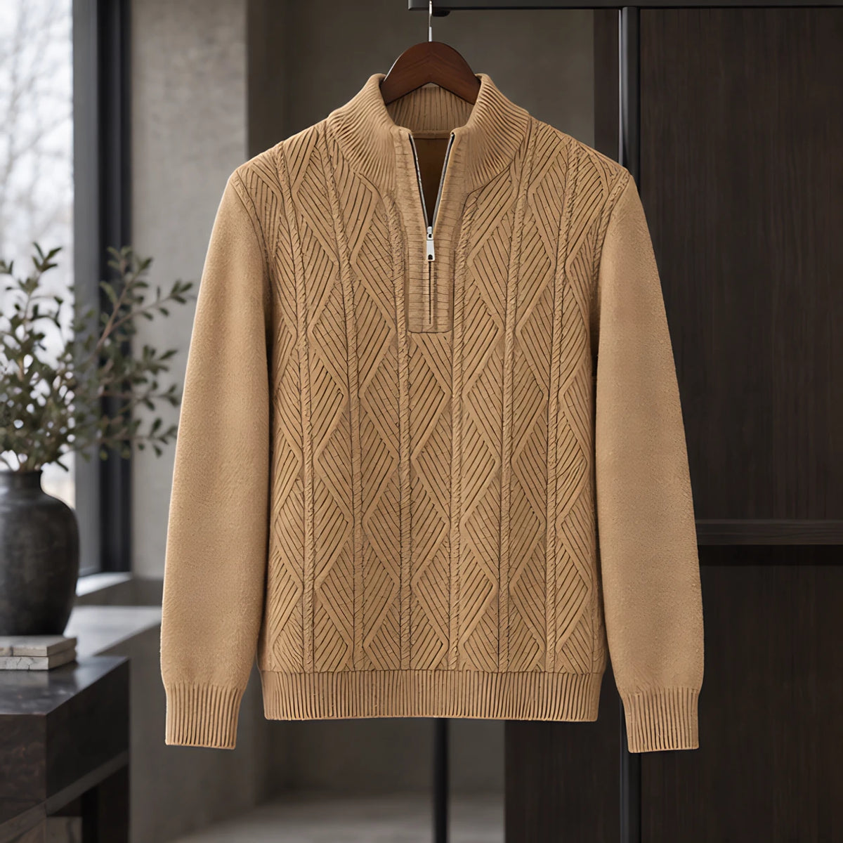 Quentin Men's Diamond Cable Quarter-Zip Sweater - Tan - male - Michael Verde - Image 3