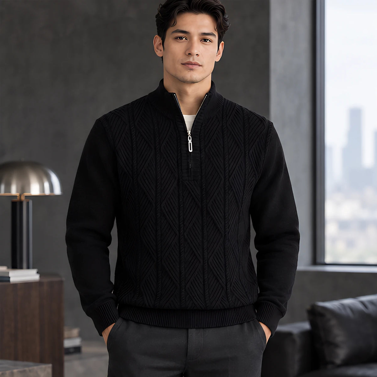 Quentin Men's Diamond Cable Quarter-Zip Sweater - Black - Men's Clothing > Sweaters & Cardigans > Quarter-Zip Sweaters - Michael Verde - Image 1