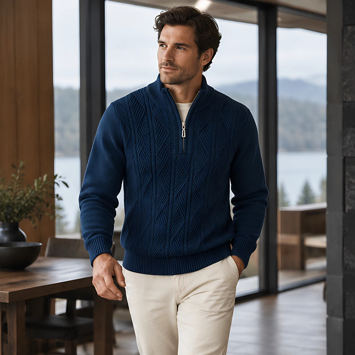Quentin Men's Diamond Cable Quarter-Zip Sweater - Navy Blue - Men's Clothing > Sweaters & Cardigans > Quarter-Zip Sweaters - Michael Verde - Image 2