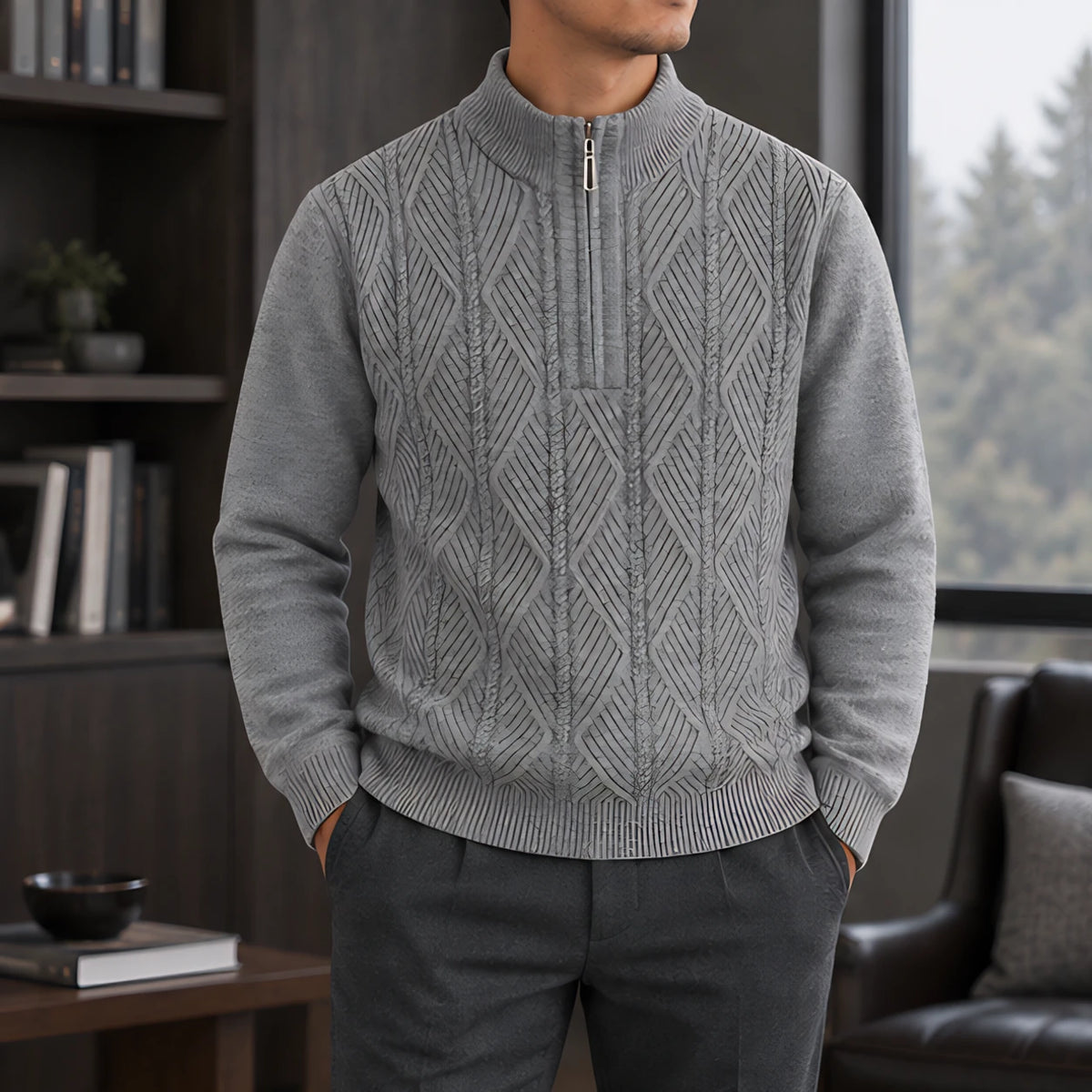 Quentin Men's Diamond Cable Quarter-Zip Sweater - Gray - Men's Clothing > Sweaters & Cardigans > Quarter-Zip Sweaters - Michael Verde - Image 1