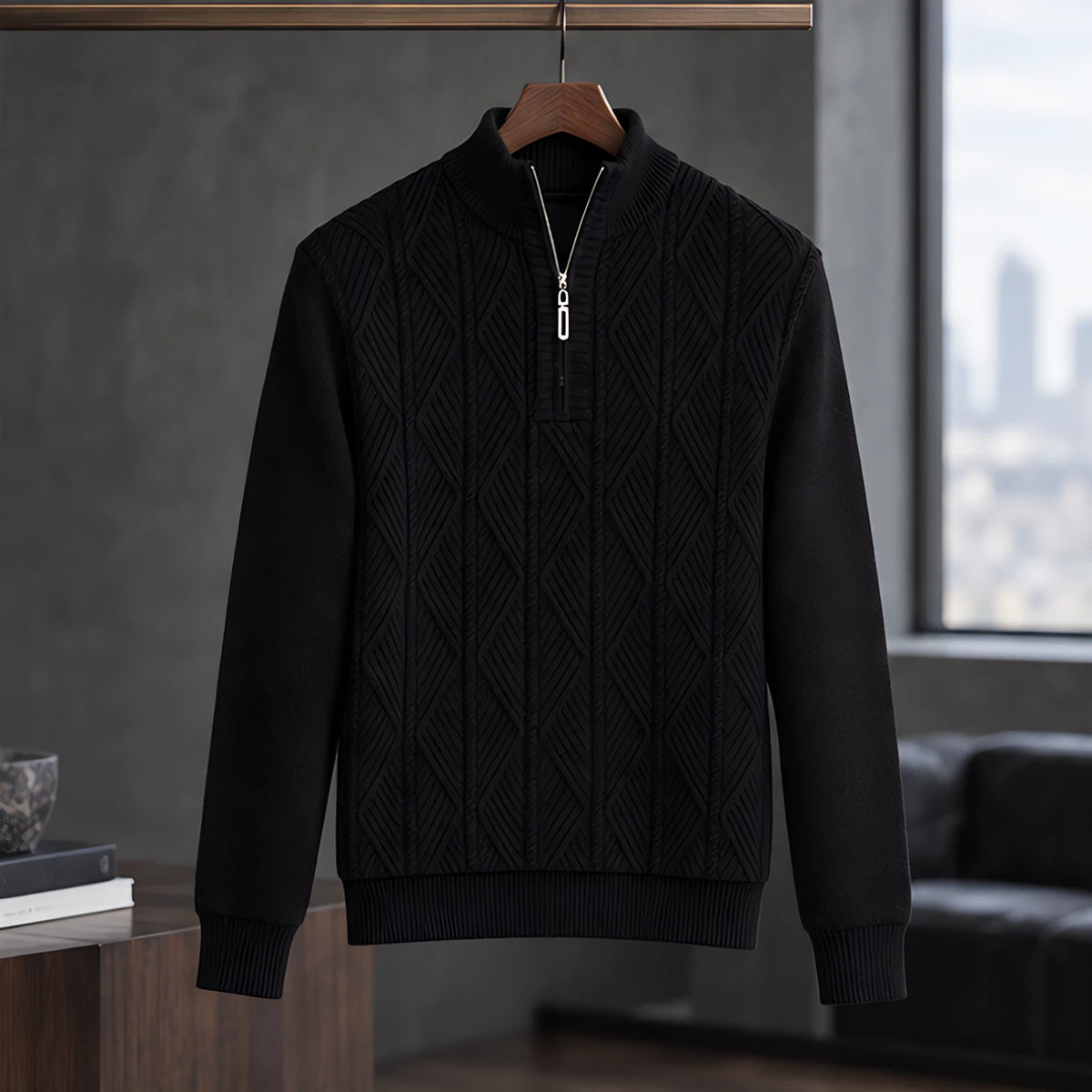Quentin Men's Diamond Cable Quarter-Zip Sweater - Black - male - Michael Verde - Image 3