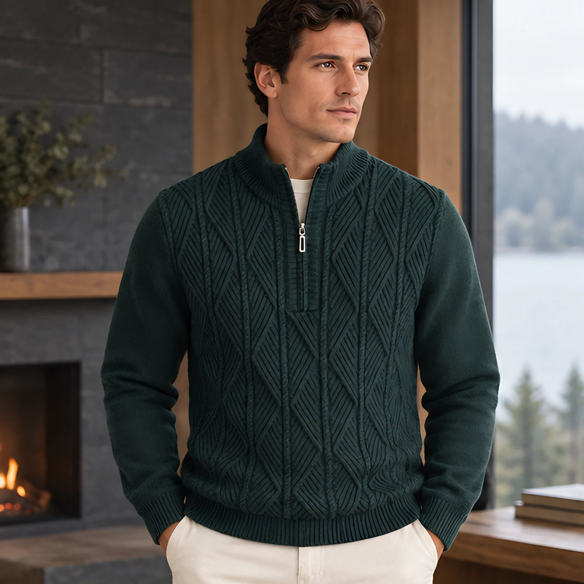 Quentin Men's Diamond Cable Quarter-Zip Sweater - Forest Green - Men's Clothing > Sweaters & Cardigans > Quarter-Zip Sweaters - Michael Verde - Image 1