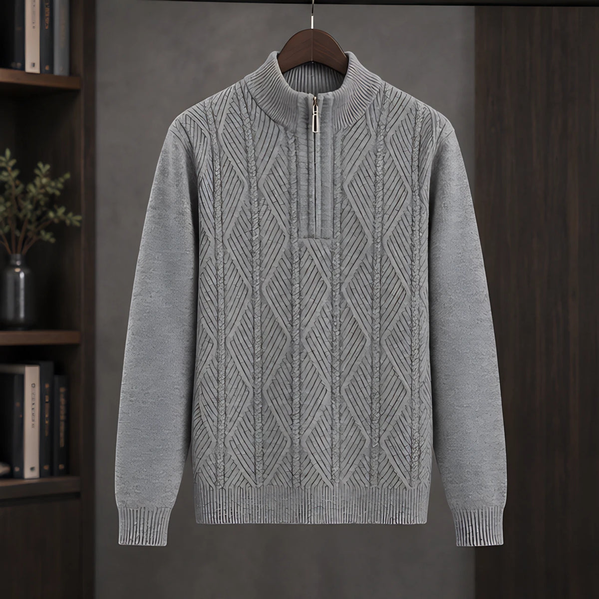 Quentin Men's Diamond Cable Quarter-Zip Sweater - Gray - male - Michael Verde - Image 3