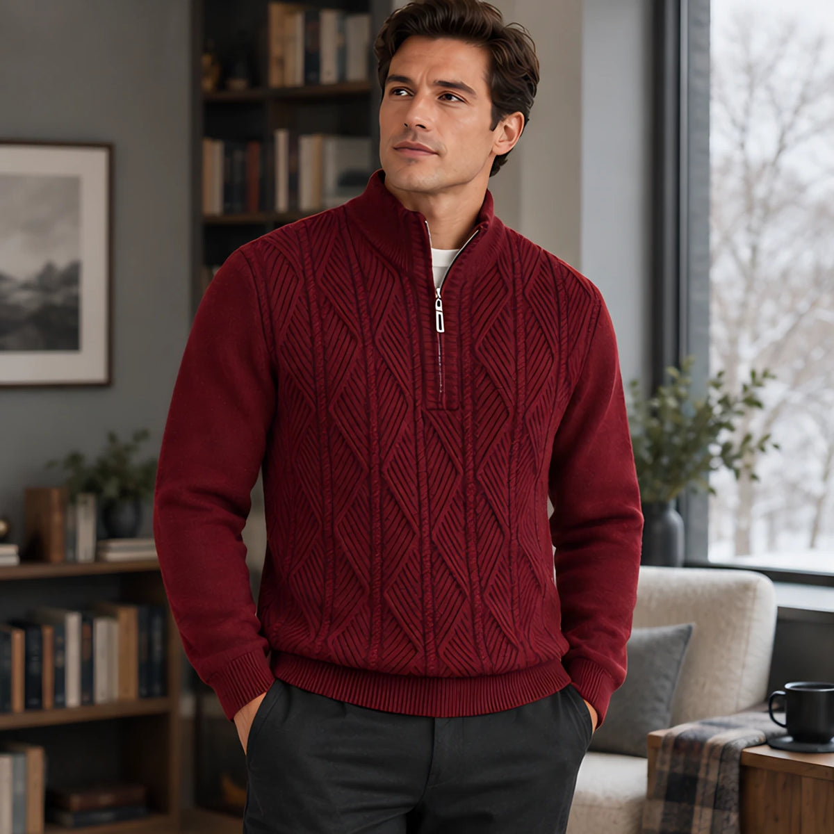 Quentin Men's Diamond Cable Quarter-Zip Sweater - Burgundy - Men's Clothing > Sweaters & Cardigans > Quarter-Zip Sweaters - Michael Verde - Image 1