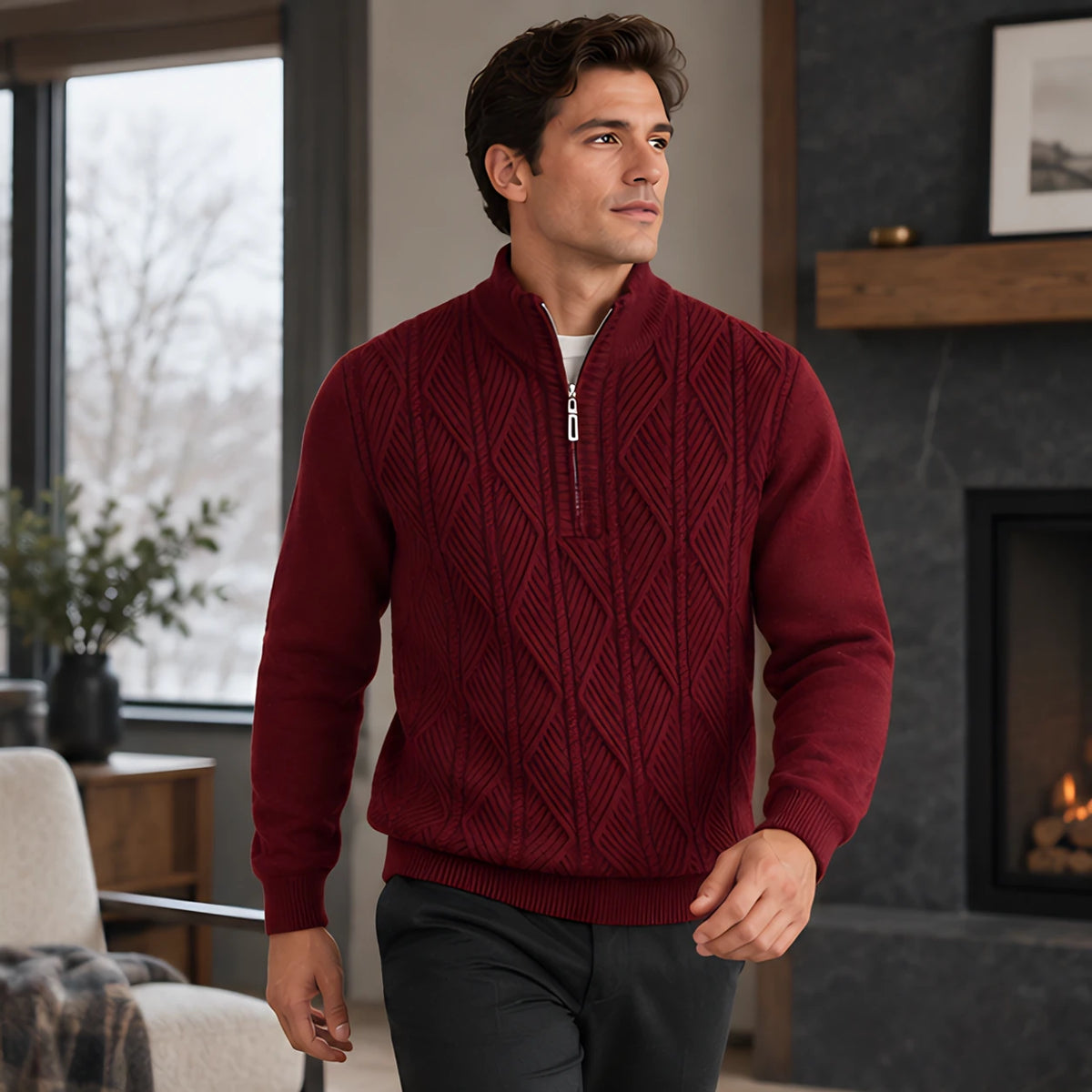 Quentin Men's Diamond Cable Quarter-Zip Sweater - Burgundy - Men's Clothing > Sweaters & Cardigans > Quarter-Zip Sweaters - Michael Verde - Image 2