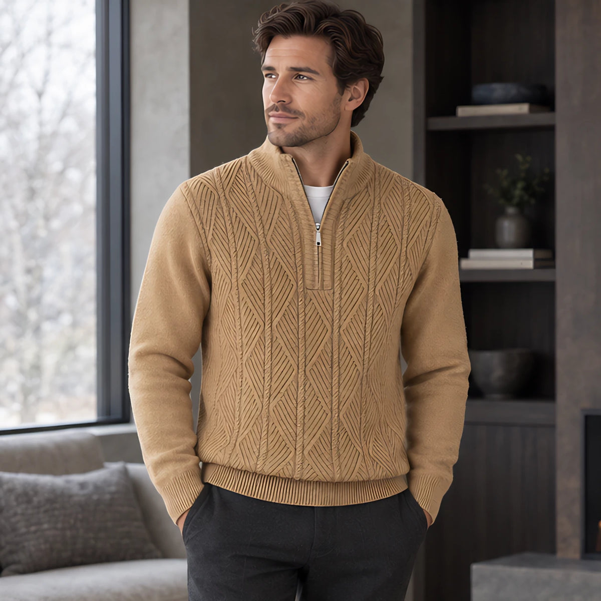 Quentin Men's Diamond Cable Quarter-Zip Sweater - Tan - Men's Clothing > Sweaters & Cardigans > Quarter-Zip Sweaters - Michael Verde - Image 1