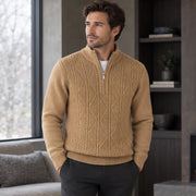 Quentin Men's Diamond Cable Quarter-Zip Sweater - Tan - Men's Clothing > Sweaters & Cardigans > Quarter-Zip Sweaters - Michael Verde - Image 1