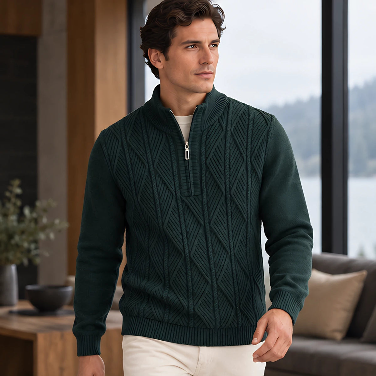 Quentin Men's Diamond Cable Quarter-Zip Sweater - Forest Green - Men's Clothing > Sweaters & Cardigans > Quarter-Zip Sweaters - Michael Verde - Image 2