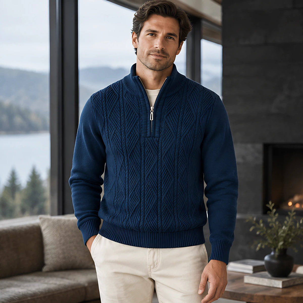 Quentin Men's Diamond Cable Quarter-Zip Sweater - Navy Blue - Men's Clothing > Sweaters & Cardigans > Quarter-Zip Sweaters - Michael Verde - Image 1